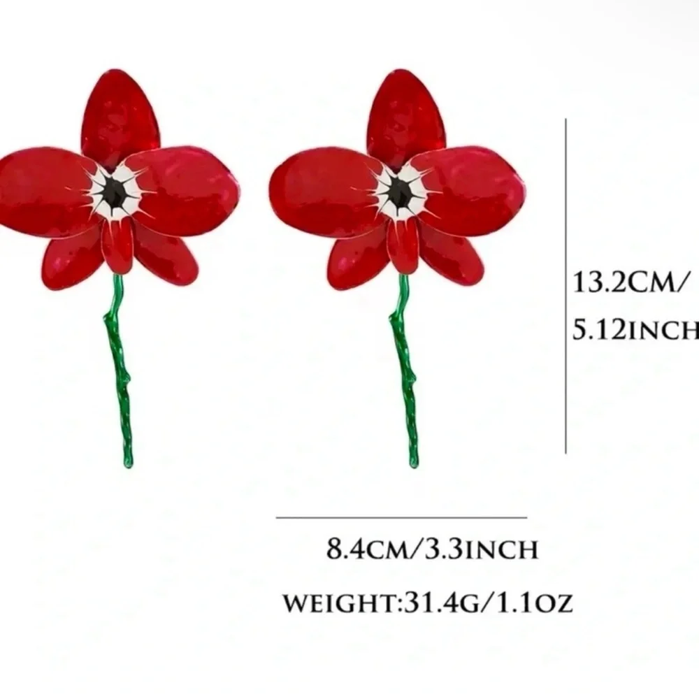 New! Red Hand Painted Flower Statement Earrings NWOT (1038) - Picture 3 of 3